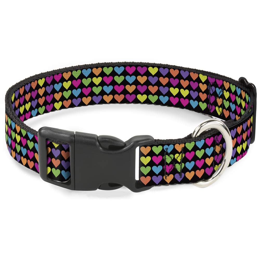 Buckle-Down Plastic Clip Collar - Mini Hearts Black/Multi Neon - 1.5 Wide - Fits 16-23 Neck - Medium