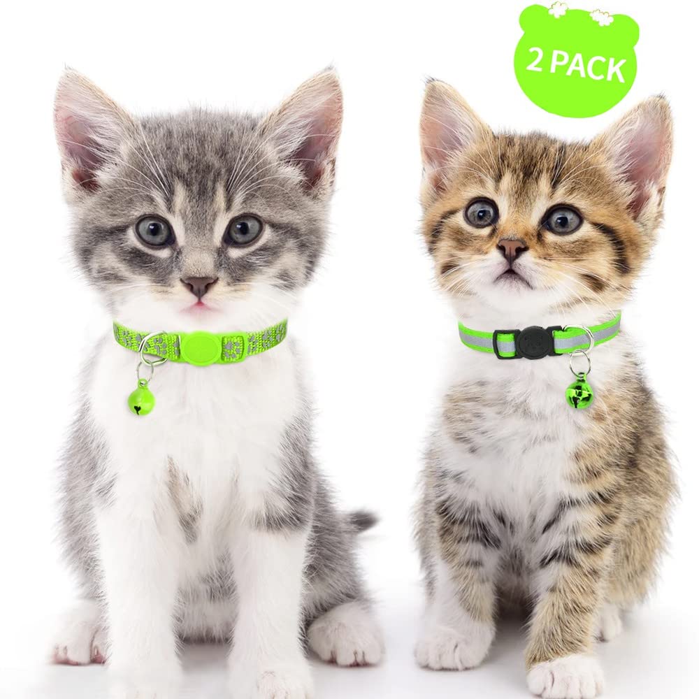 Taglory Reflective Cat Collars Breakaway With Bell, 2 Pack Girl Boy Pet Kitten Collar Adjustable 6-8 Inch, Green