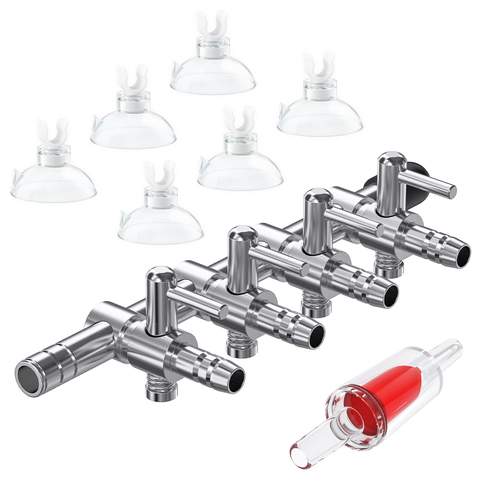 Pawfly 4-Way Aquarium Air Flow Control Lever Valve Manifold For Air Pumps Fish Tank Multi-Port Distributor Splitter With 1 Non-Return Check Valve And 6 Suction Cup Clips