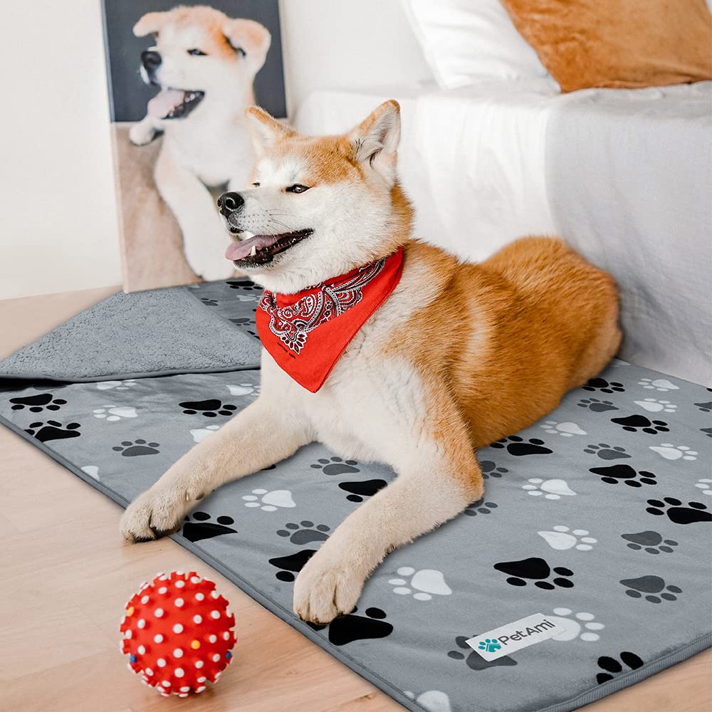 Petami Waterproof Dog Blanket For Medium Large Dogs, Pee Proof Pet Blanket Sherpa Fleece Couch Cover, Reversible Cat Throw Bed Sofa Protector, Soft Plush Washable Pad (Large 40X60, Paw Print Gray)
