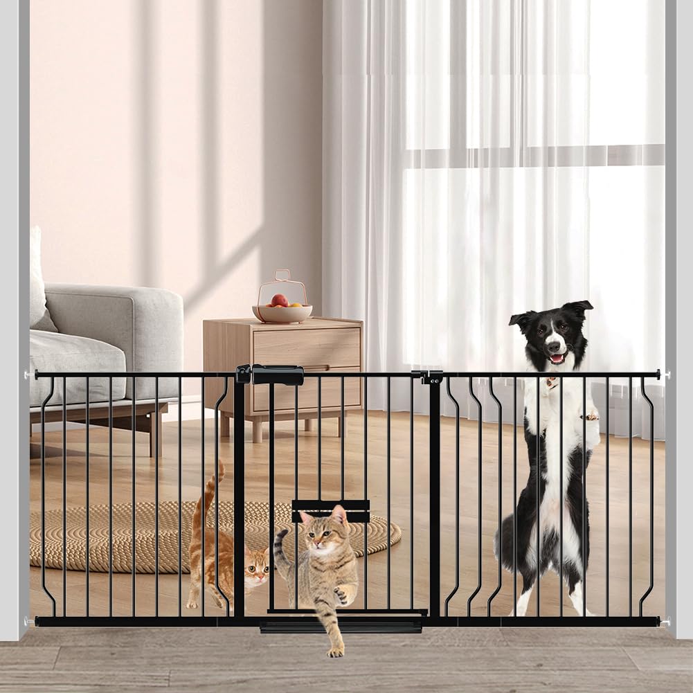 Foreng Extra Wide Dog Gates for Doorways 62.2-71.65 Extra Wide Dog Gate with Door,Baby Gate with Cat Door Pressure Mounted Pet G