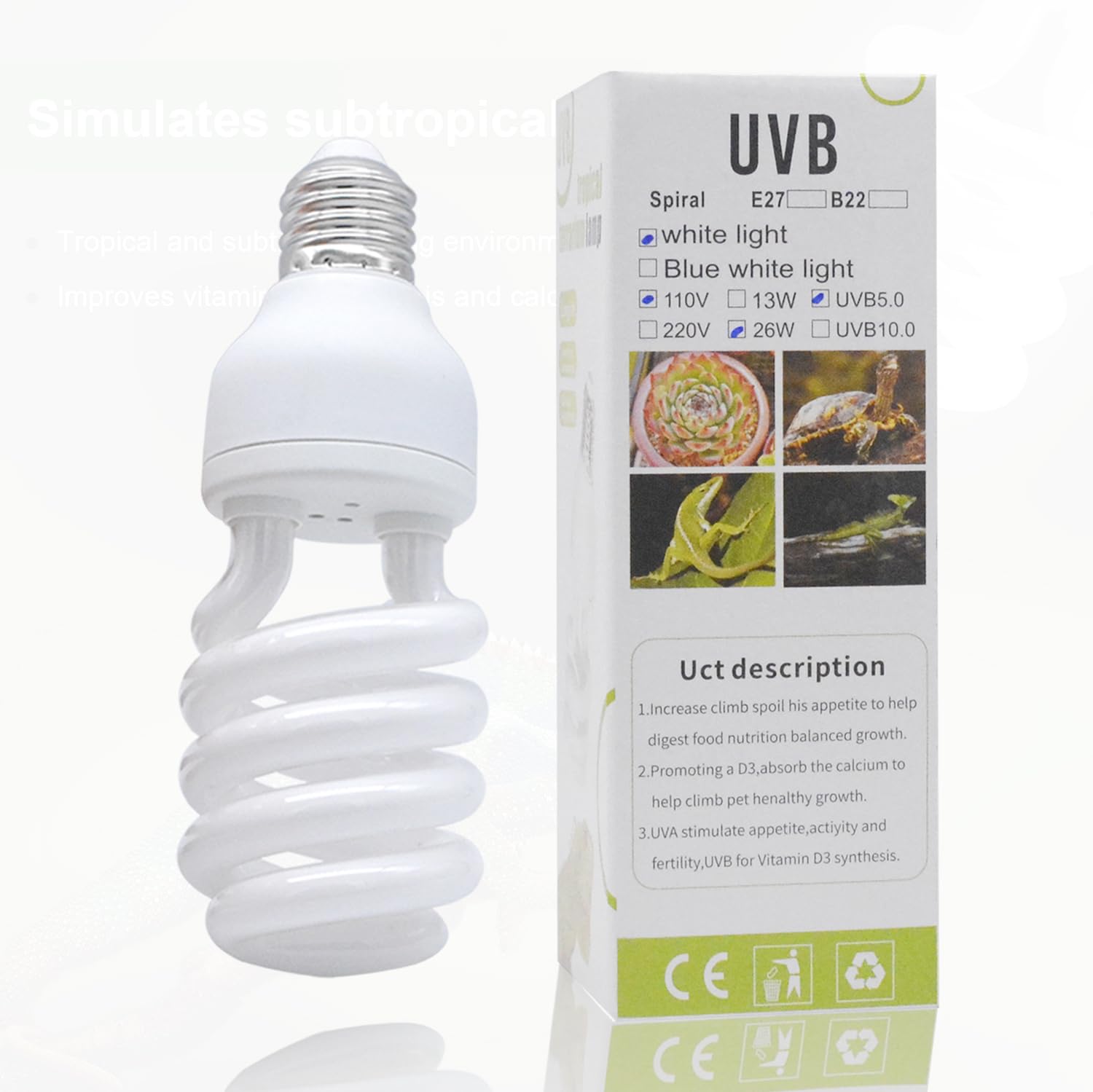 Yimidool Uvb Light For Reptiles, 26W 5.0 Reptile Heat Lamp Bulbs, Uva Uvb Reptiles Light Bulbs Ideal For Rainforest Reptiles, Be