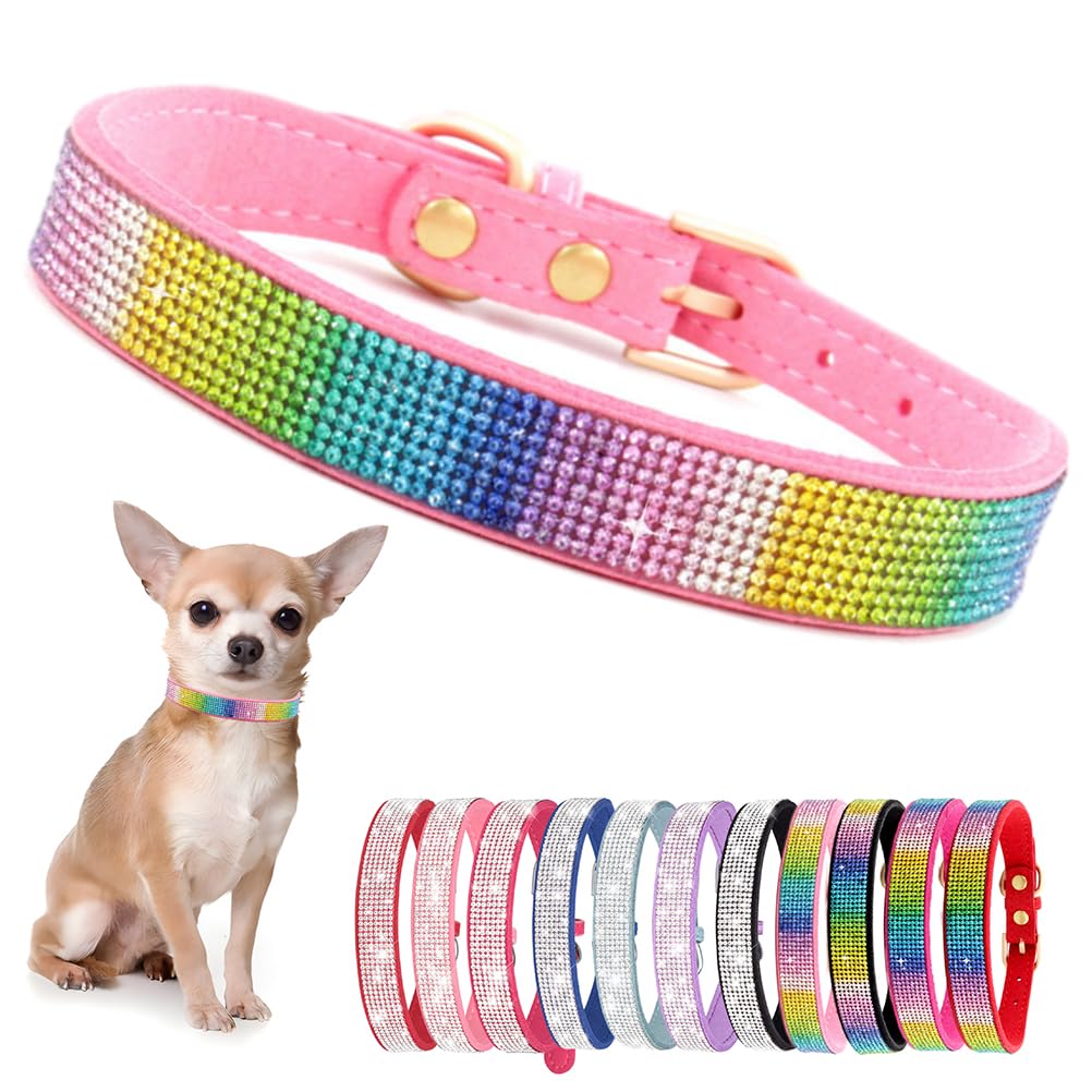 Cute Dog Collar With Bling Rhinestone, Fancy Crystal Diamond Glitter Pretty Jewel Soft Cat Collars For Small Medium Large Breed Dogs Girl Female Pet Puppy Kitten Terrier, Colorful Pink Xs