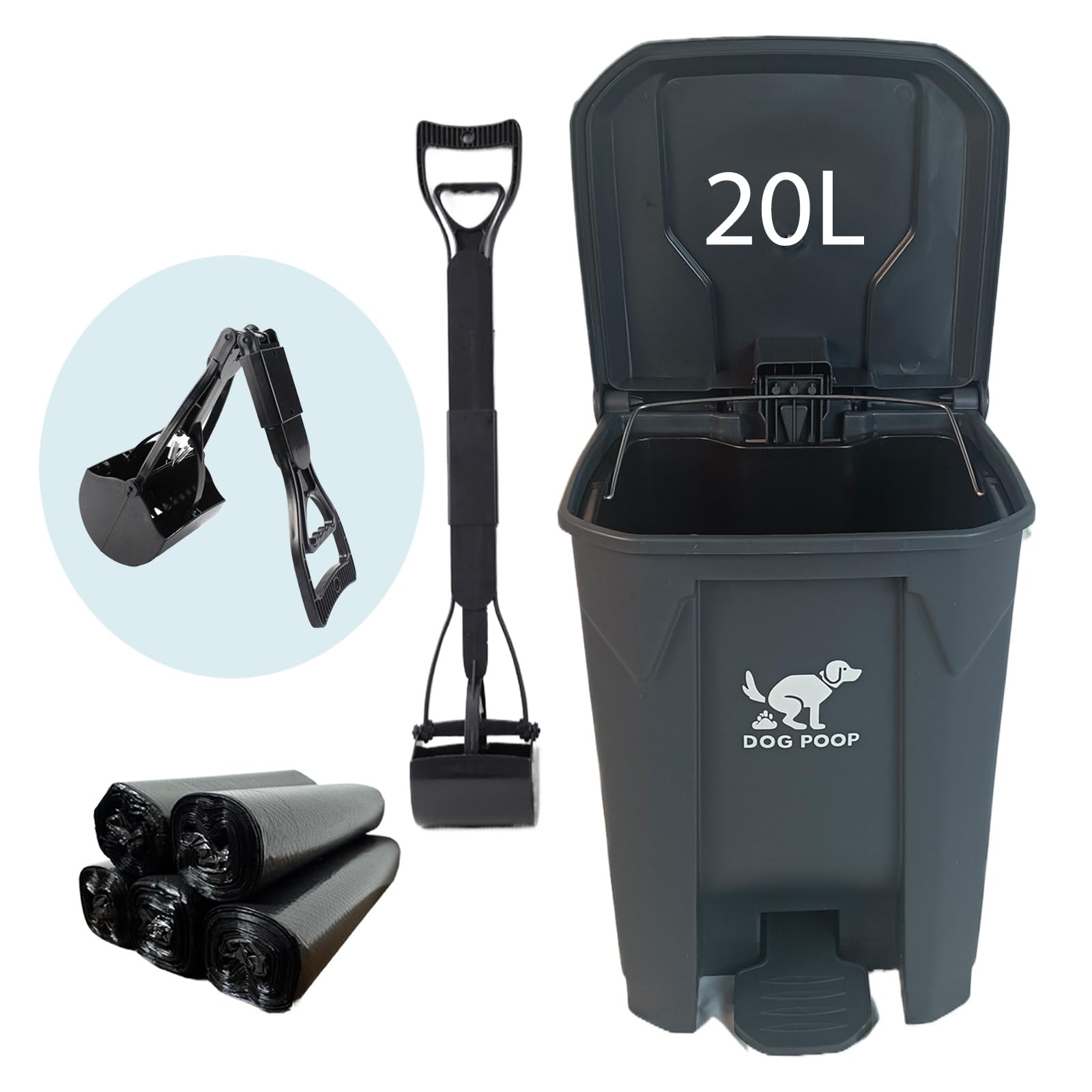 AkoSlale 20L Dog Poop Trash Can with Foot Pedal, 100 Waste Bags & Black Collapsible Pet Poop Scoop - Complete Pet Waste Disposal