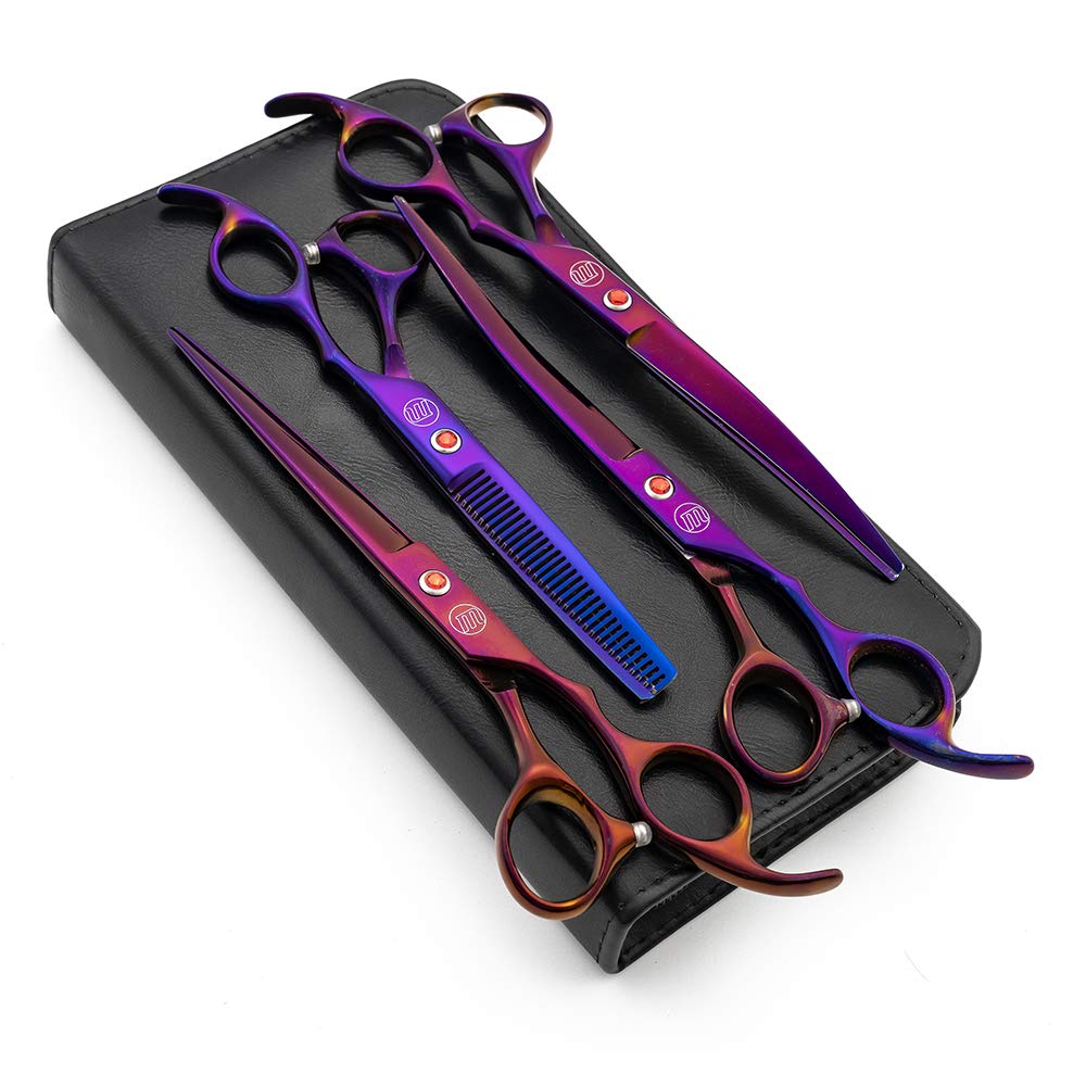 Moontay Professional 7.0' Dog Grooming Scissors Set, 4-Pieces Straight, Upward Curved, Downward Curved, Thinning/Blending Shears For Dog, Cat And Pets, Jp Stainless Steel, Purple