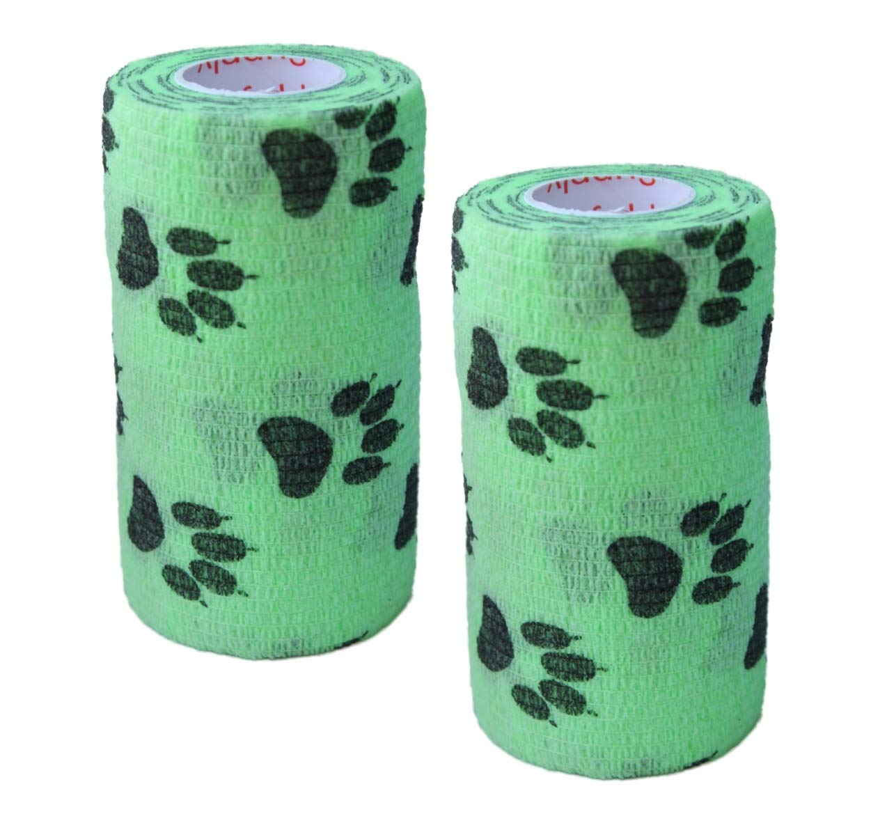 Vet Wrap Wrap Tape (Green with Paw Prints) (2 Pack) (3 Inch x 15 feet) Self Adhesive Adherent Adhering Cohesive Flex Self Stick 