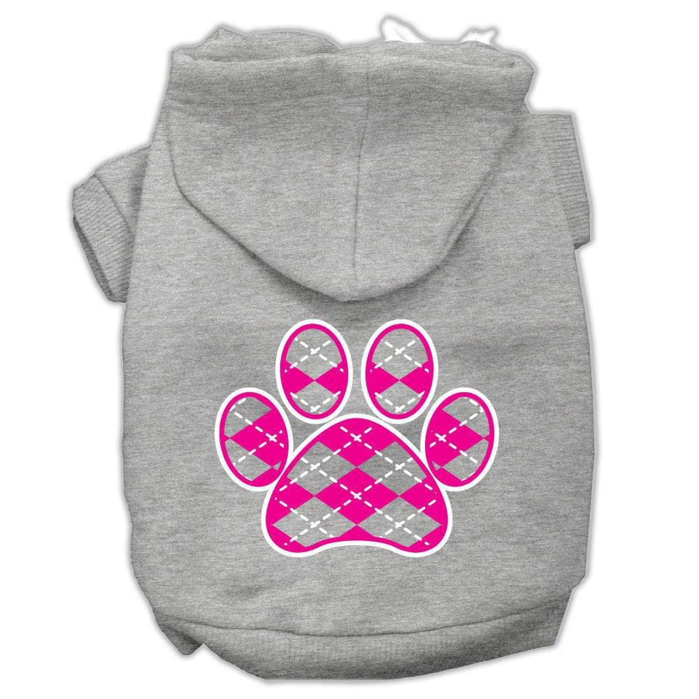 Mirage Pet Products 10&quot; Argyle Paw Pink Screen Print Pet Hoodie, Small, Grey