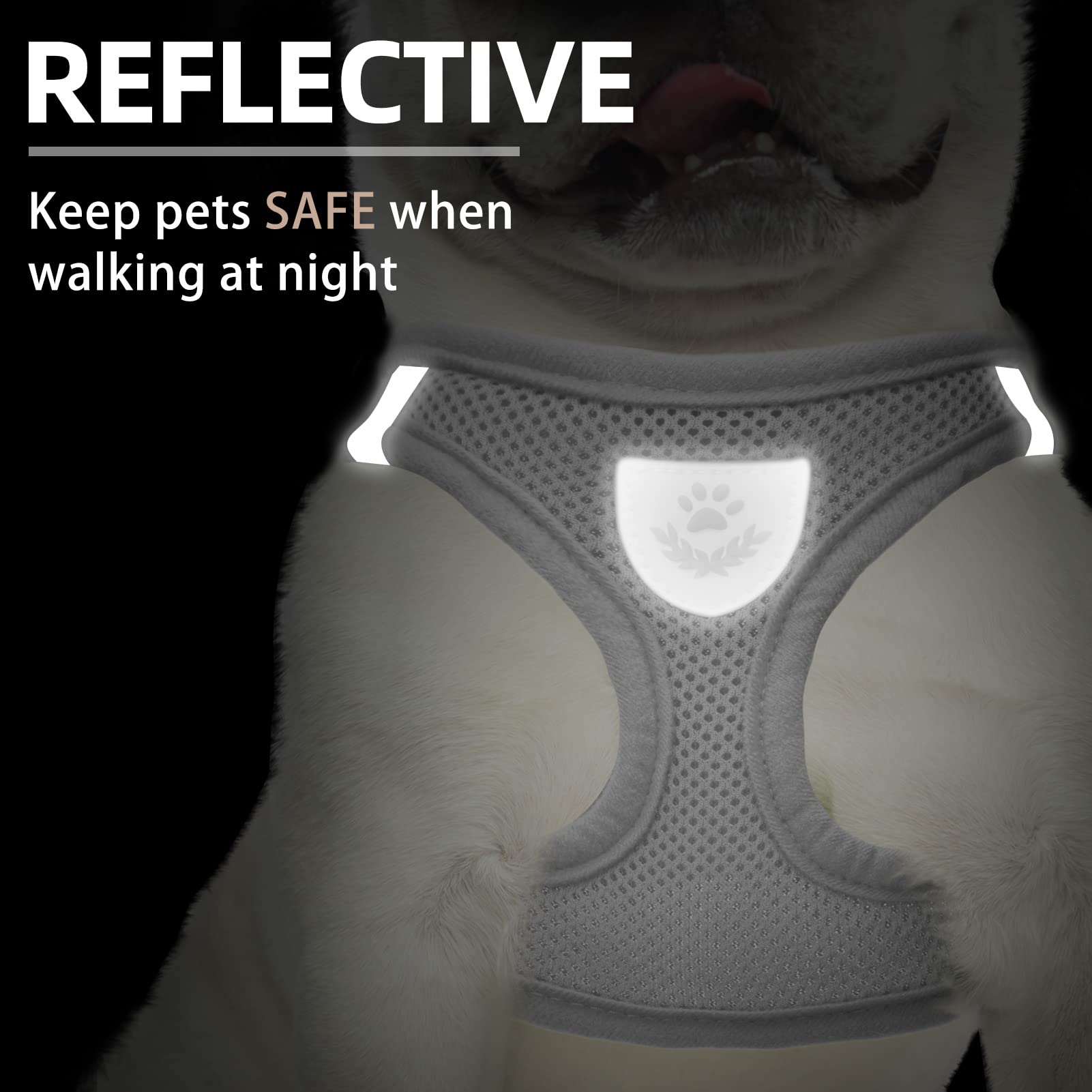 Pupteck Adjustable Dog Harness Collar And Leash Set Step In No Pull Pet Harness For Small Medium Dogs Puppy And Cats Outdoor Walking Running, Soft Mesh Padded Reflective Vest Harnesses, Solid Grey S