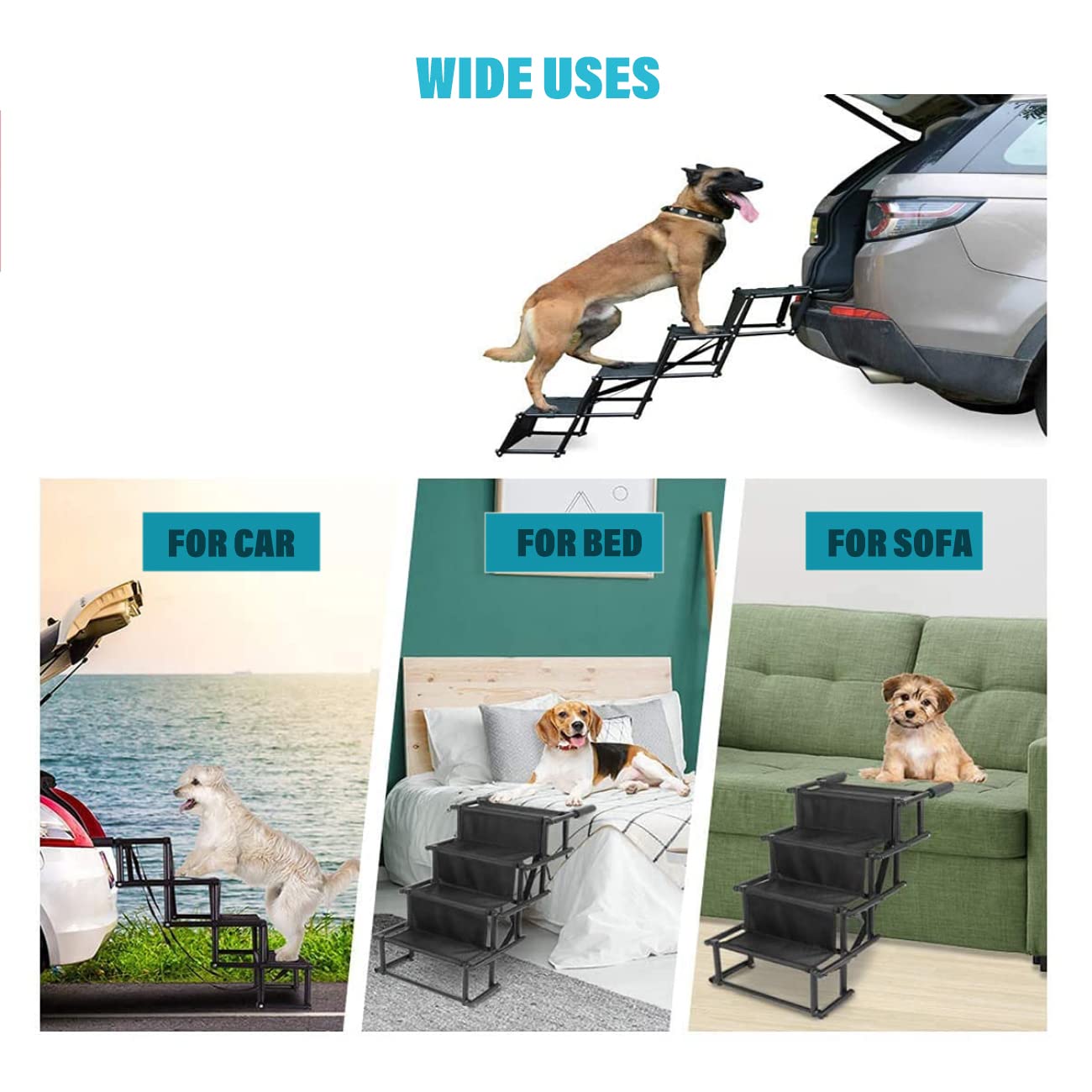 Bounabay Upgraded Dog Stairs Ramp, Foldable 4 Steps Nonslip Pet Ramp For Medium And Large Dog, Made Of Metal Frame And Waterproof Cloth, Loads Up To 150 Lbs, Suitable For High Beds, Trucks And Suv