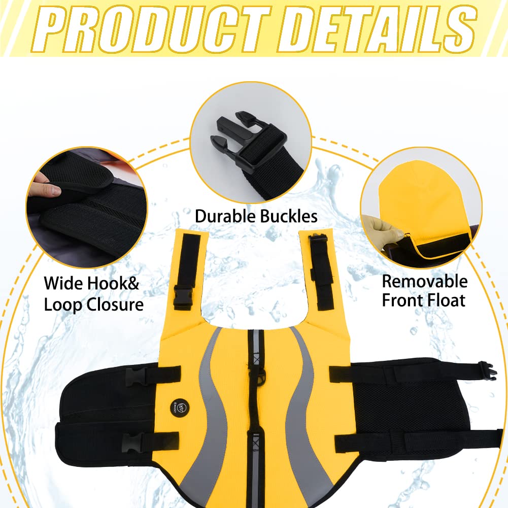 Emust Life Jacket For Large Dogs, Dog Life Vest For Small/Medium/Large Dogs With Double Rescue Handles, High Reflective Dog Life Preserver For Swimming, Yellow,L