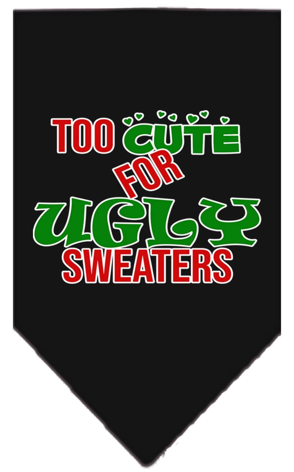 Christmas Pet and Dog Bandana Screen Printed, &quot;Too Cute For Ugly Sweaters&quot; Black Large