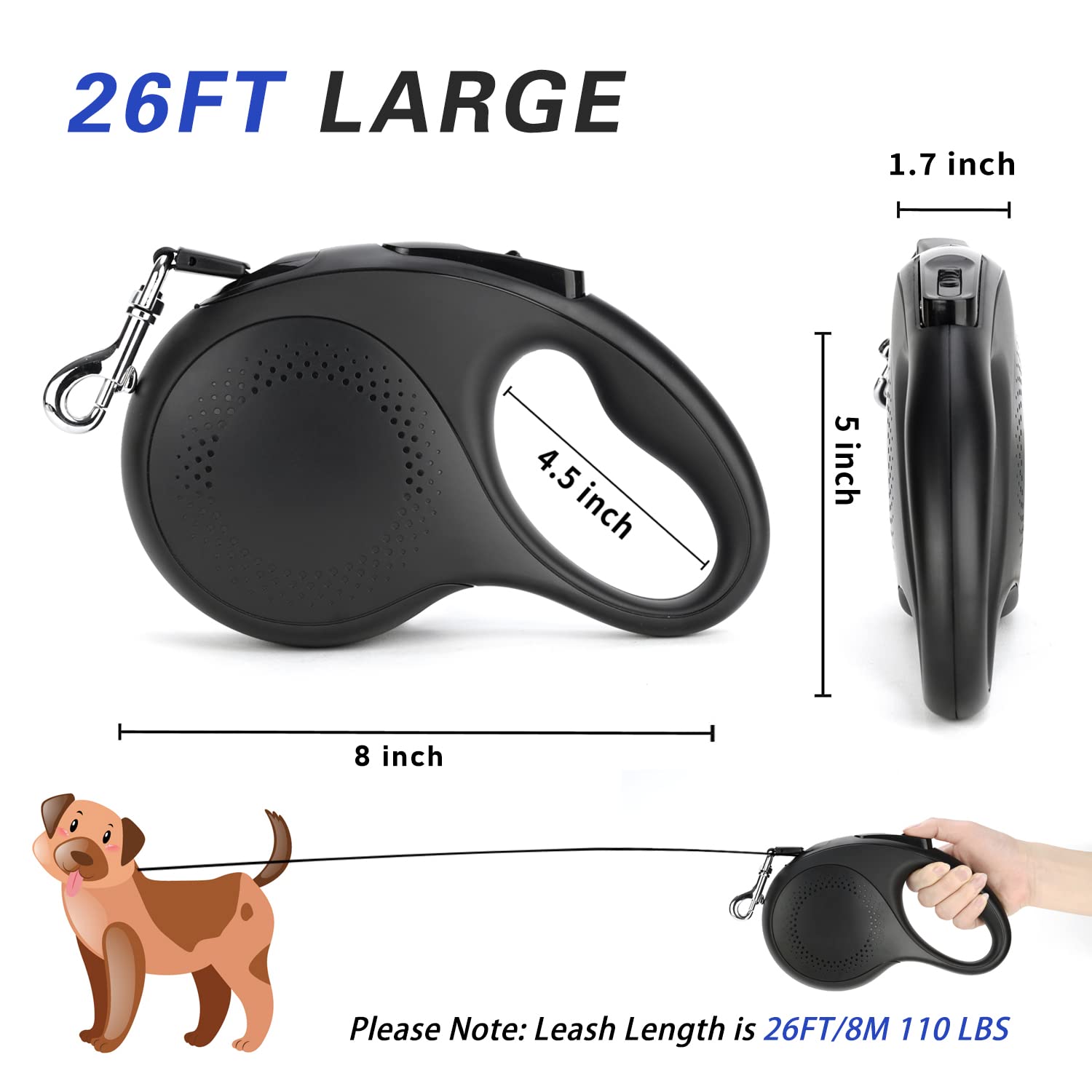 Jubdug Retractable Dog Leash, 26 Feet Dog Leash For Small To Large Dogs Up To 110Lbs, Anti-Slip Handle One Button Lock And Relea