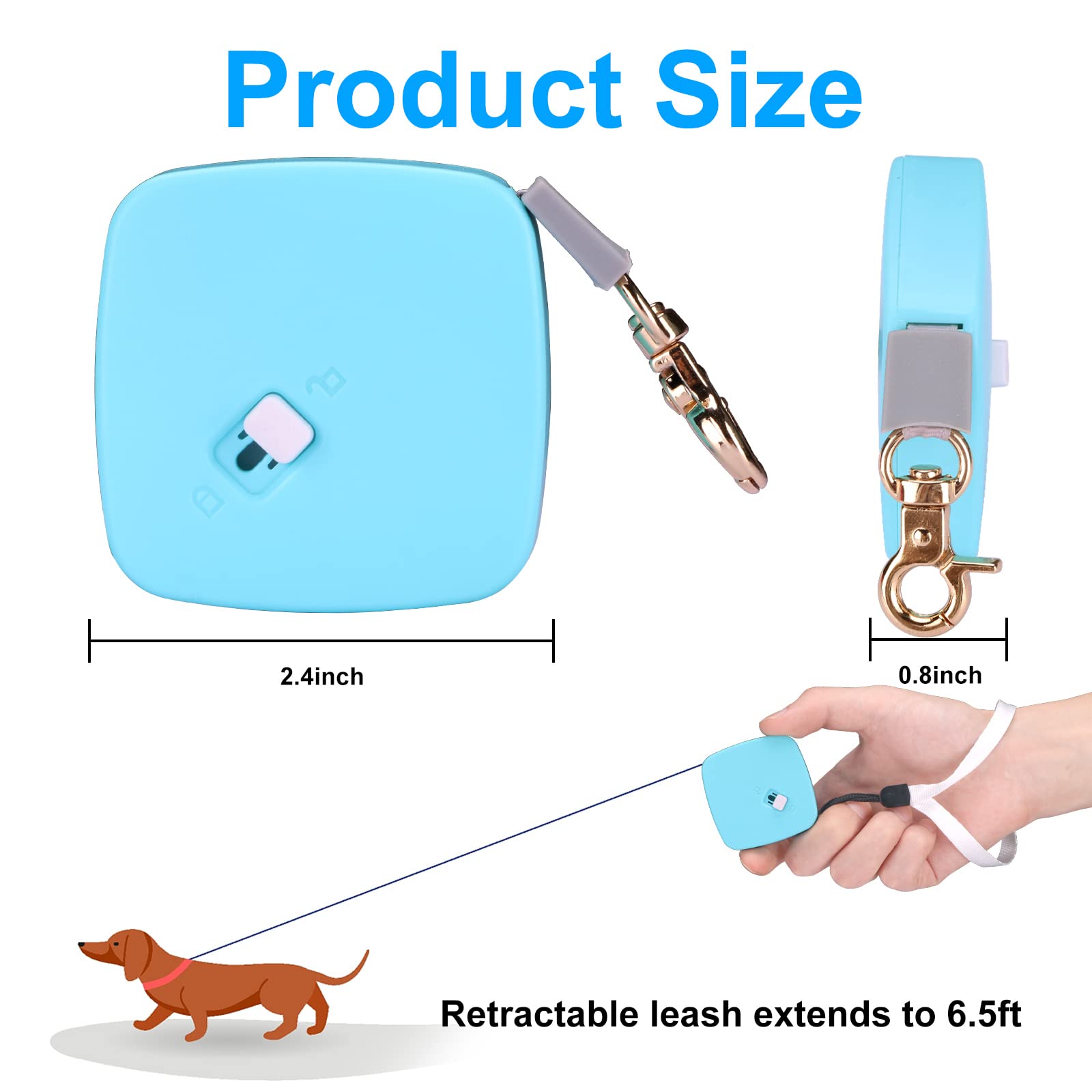 Retractable Dog Leash For Small Dogs Cats Up To 11Lbs With 6.5Ft Anti-Pull Strong Nylon Tape, Hands Free, Mini And Portable Walking Leash With Wrist Strap, One-Hand Brake, Blue Square