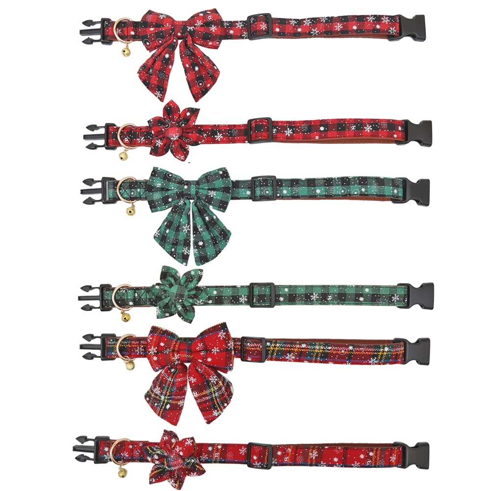 Christmas Dog Collar Snowflake Classic Plaid Adjustable With Cute Bow Tie And Bells