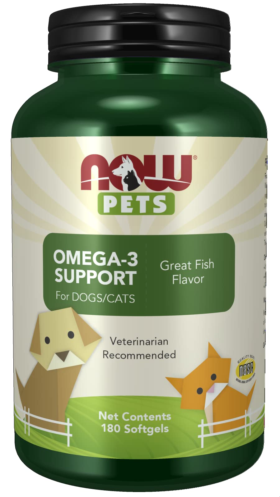 NOW Foods Pet Health, Omega 3 Supplement, Formulated for Cats & Dogs, NASC Certified, 180 Softgels