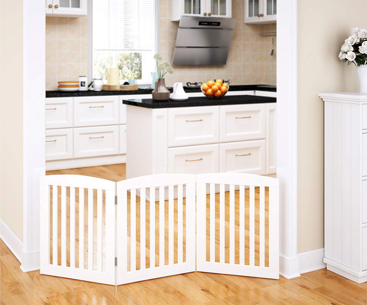 Pawland Wooden Freestanding Foldable Pet Gate For Dogs, 24 Inch 3 Panels Step Over Fence, Dog Gate For The House, Doorway, Stairs, Extra Wide (White, 24' Height-3 Panels)
