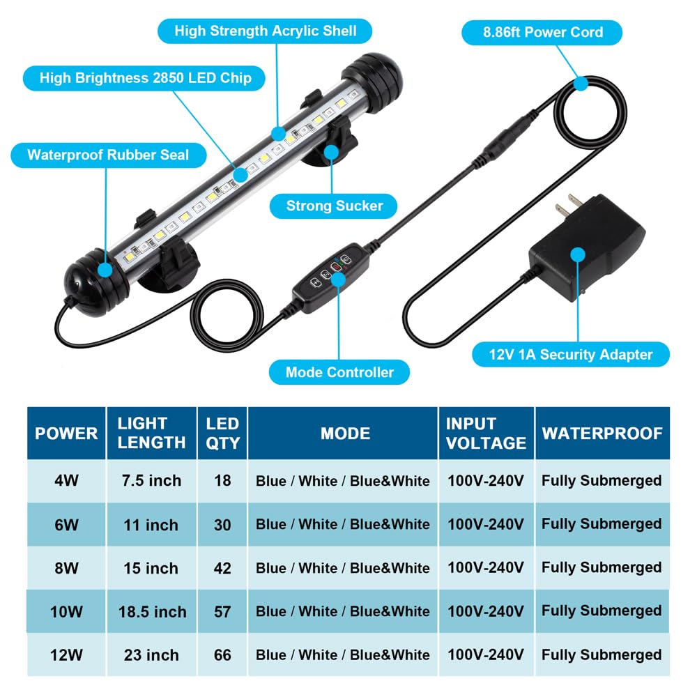 DaToo 4W 7.5inch Submersible Aquarium Light Underwater Fish Tank Light LED Aquarium Light Bar with Timer Auto On/Off and Dimmer