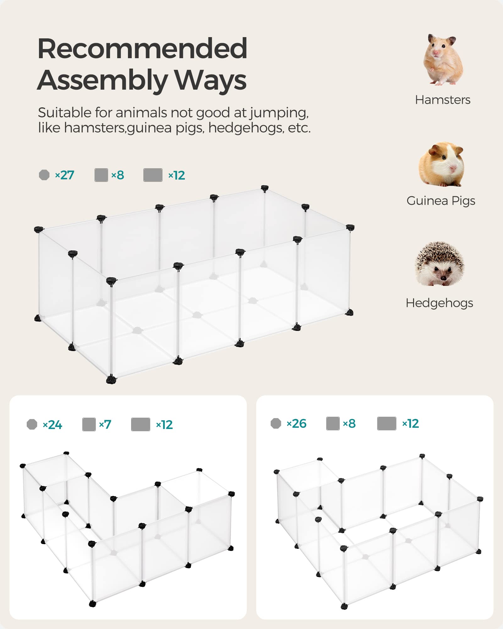 Songmics 20 Panels Pet Playpen With Floor, Small Animal Playpen, Pet Fence Indoor, Diy Plastic Enclosure For Guinea Pigs, Bunny, Hamsters, Hedgehogs, 49.2 X 24.8 X 16.5 Inches, White Ulpc001W01
