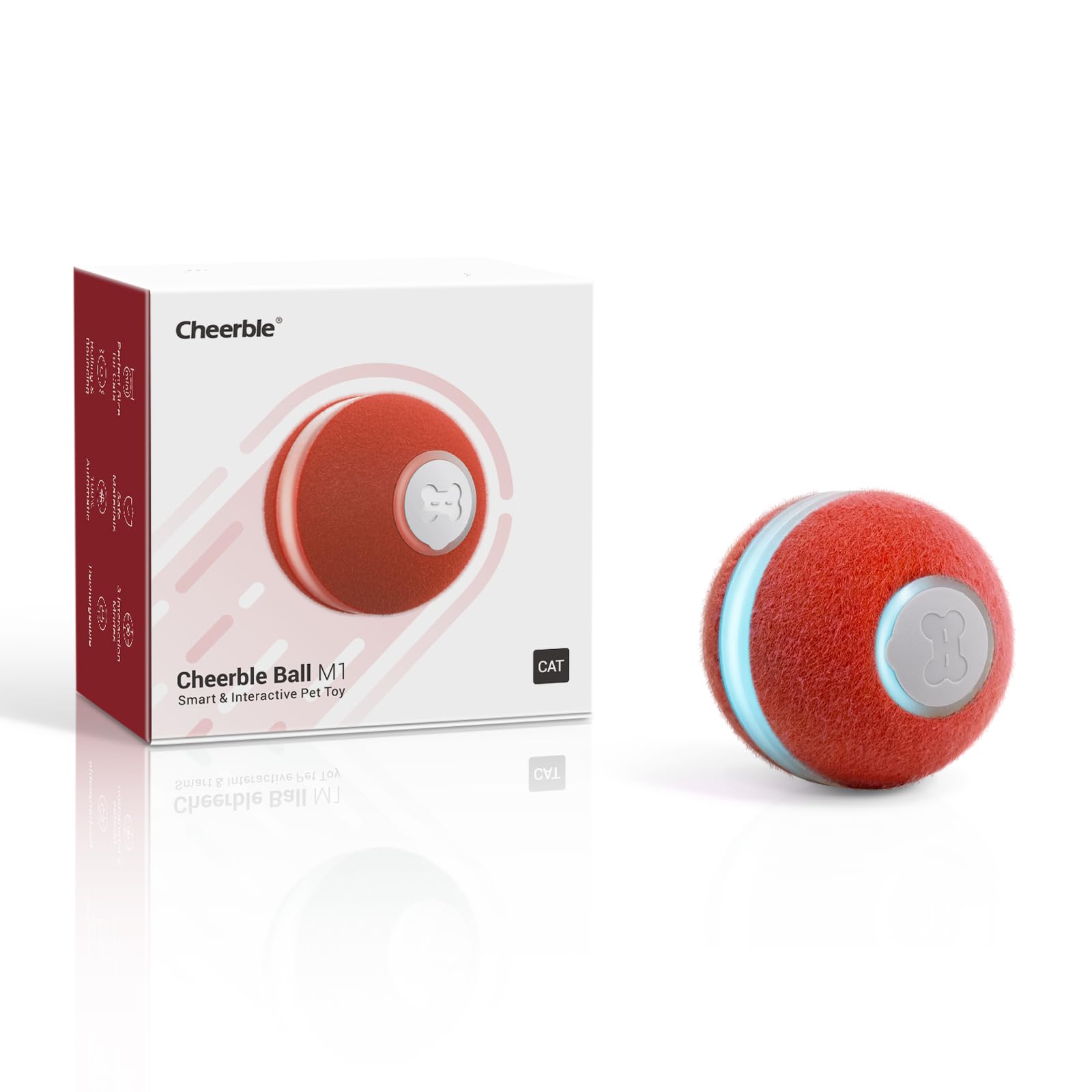 Cheerble Interactive Cat Ball Toy, Automatic Moving Ball Puzzle Toy For Indoor Cat Kitten, Smart Anti-Depression Pet Toy Fun Gift With Light, Red