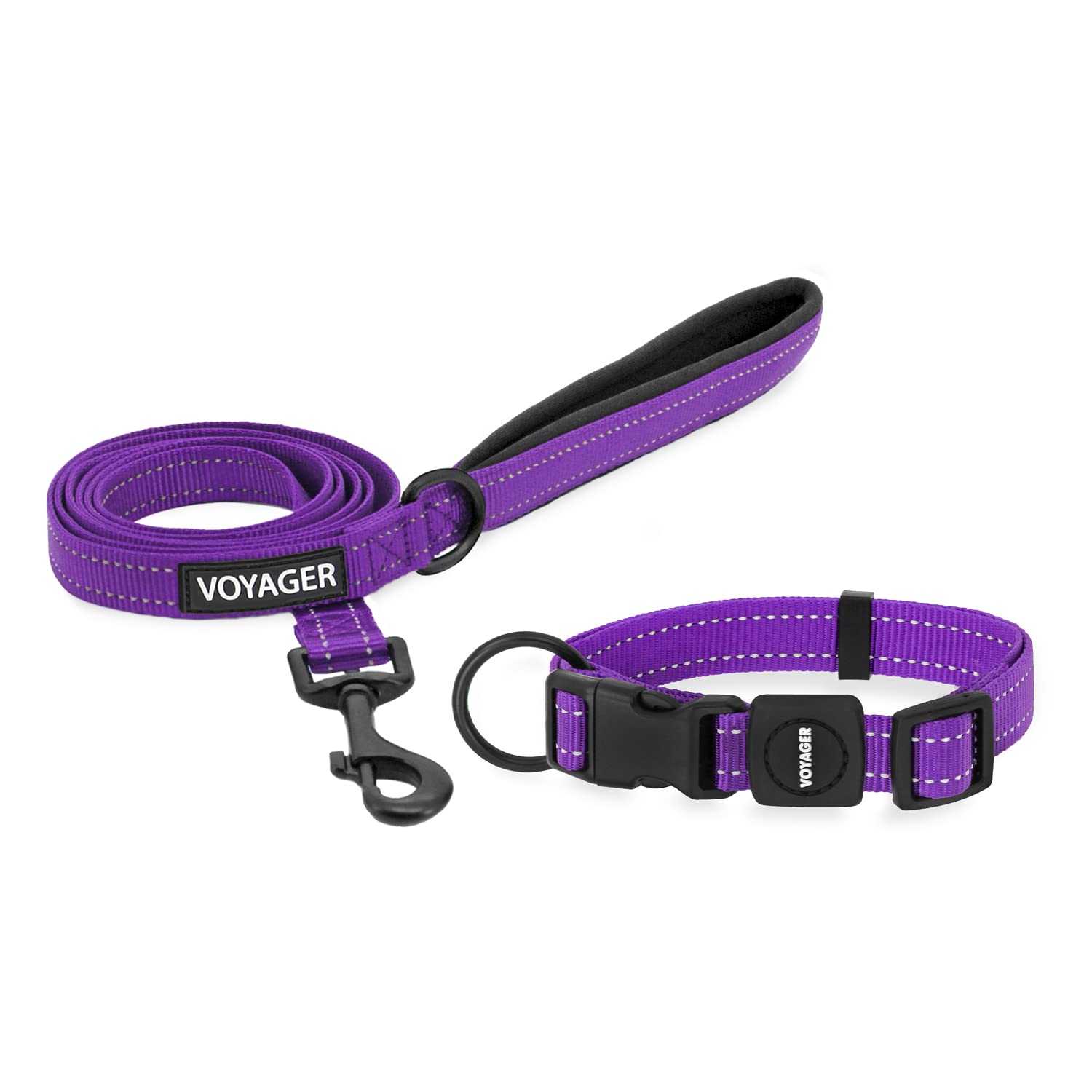 Voyager Reflective Dog Leash Collar Set With Neoprene Handle Supports Small, Medium, And Large Breed Puppies, Cute And Heavy Duty For Walking, Running, And Training - Purple, L