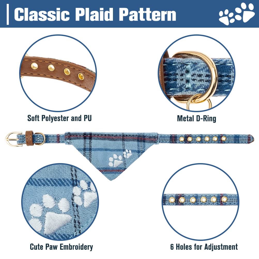 Expawlorer Dog Leash Collar Set - 3 Pack Embroidery Pawprints Plaid Dog Collars And Leash Tangle Free, Bow Tie And Bandana Collar, Adjustable Collar Set For Dogs Cats Outdoor Walking