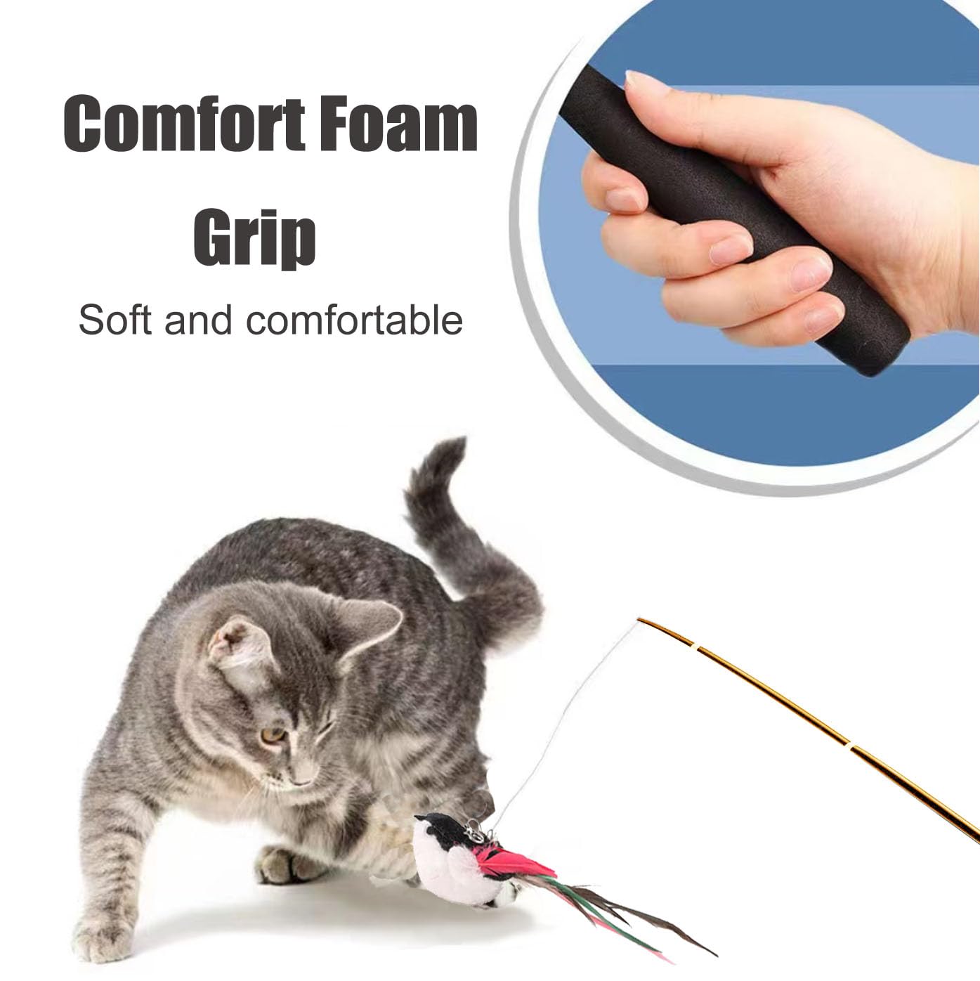 Aobvrey Interactive Cat Wand Toys Set, 2Pcs Cat Teaser With 6 Replacement Birds, Feathers & Bells For Indoor Play