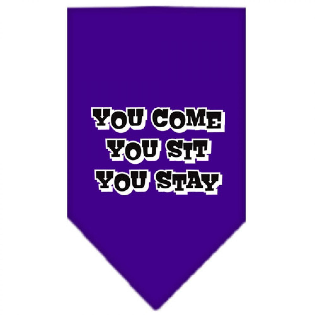 Pet and Dog Bandana Screen Printed, &quot;You Come, You Sit, You Stay&quot; Purple Small