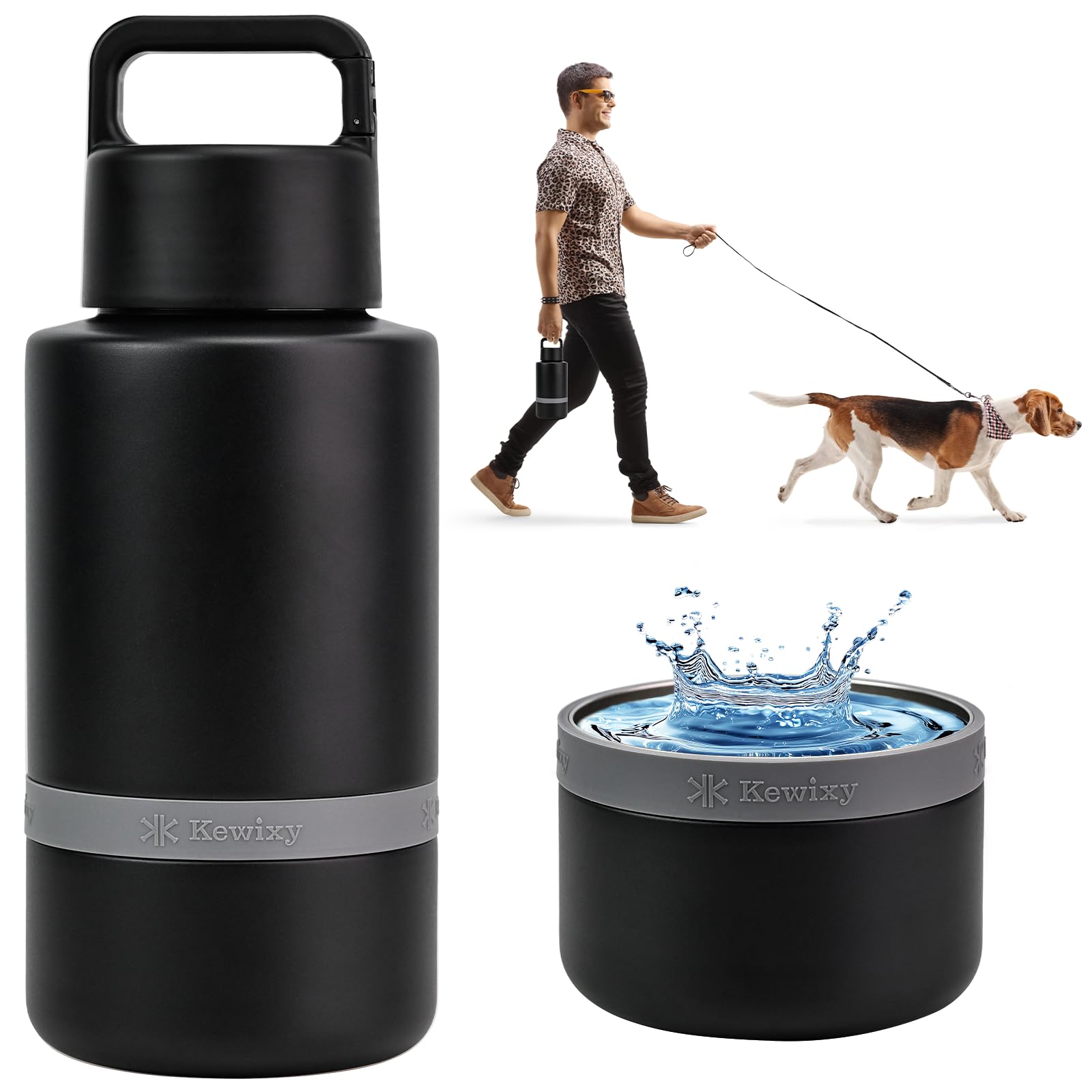 KEWIXY Insulated Dog Water Bottle with Travel Bowl, Portable Water Bottle Dispenser, Accessories for Road Trip, Hiking, Camping,