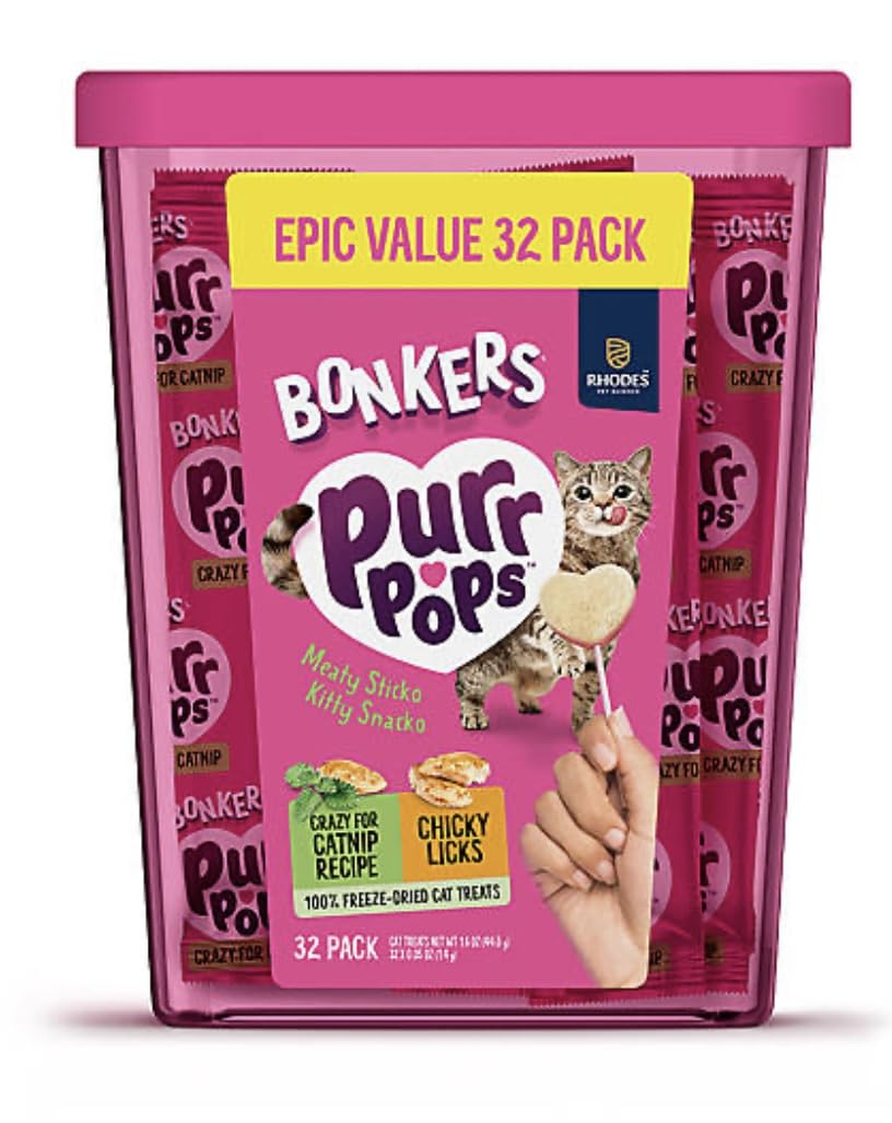 Bonkers Purrpops Freeze-Dried Cat Treats, Catnip and Chicken Flavors, Epic Value Pack, 32 Count