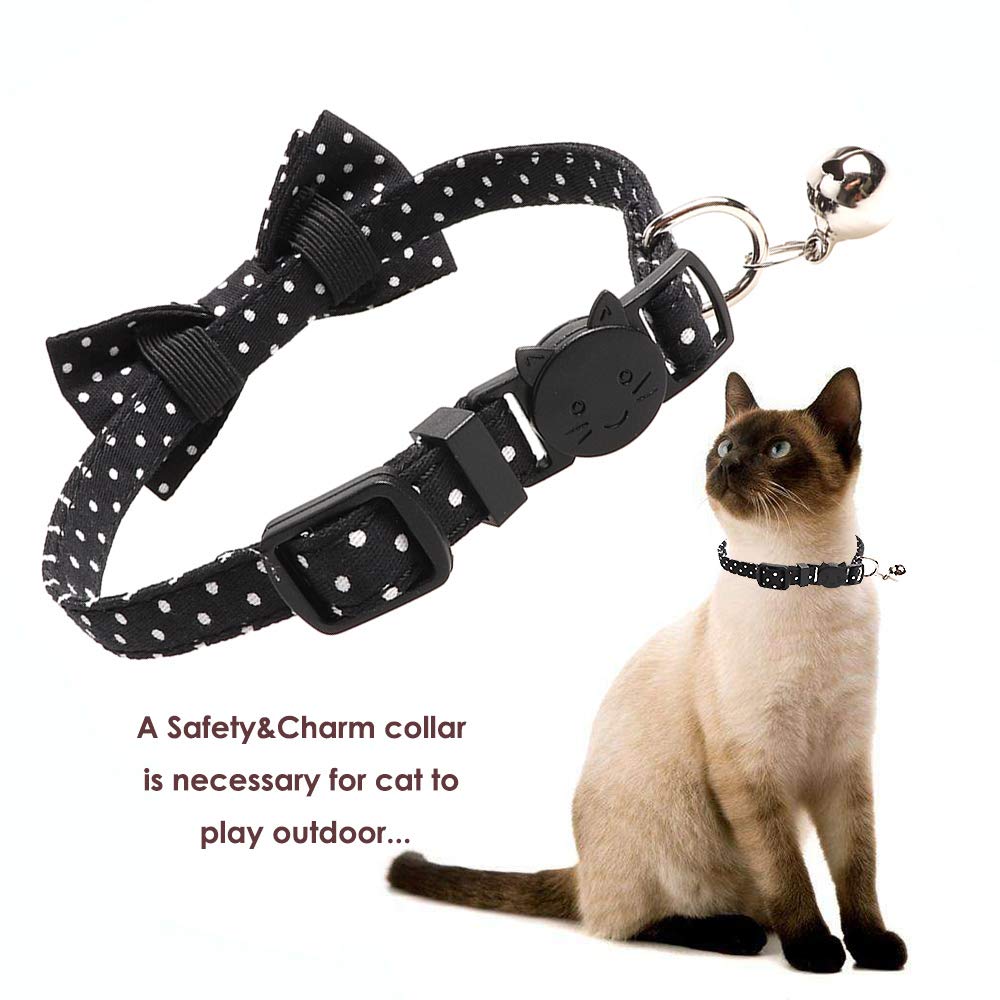 Cat Collar with Bell and Bow Tie, Breakaway Clasp Cute Dots Kitty Kitten Collar Set of 2 PCS(6.8-10.8in) (Black&Red Dots)