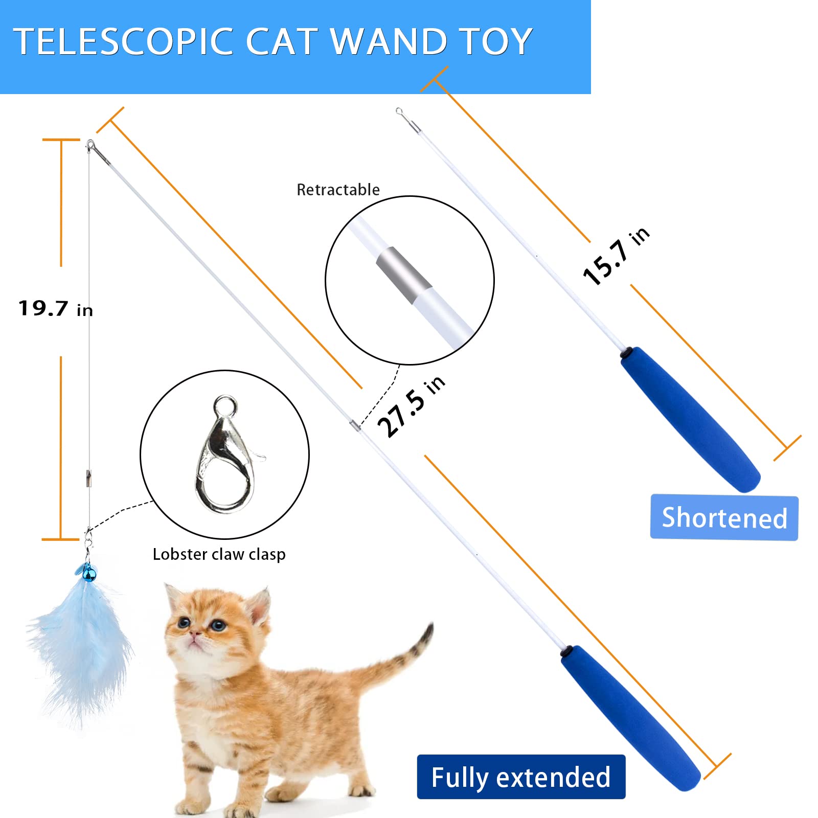 iKOIHO Cat Wand Toy for Indoor Cats 6PCS Fairy Feather Cat Toys with Retractable Fishing Pole Replaceable Feather Attachments Dr