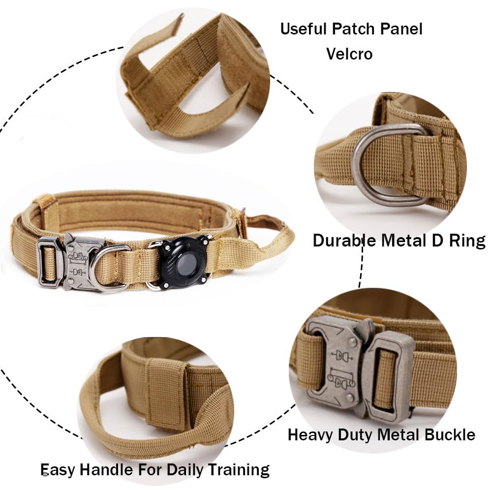 Tactical Dog Collar With Airtag Holder Waterproof Airtag Dog Collar With Control Handle And Metal Buckle Adjustable Heavy Duty D