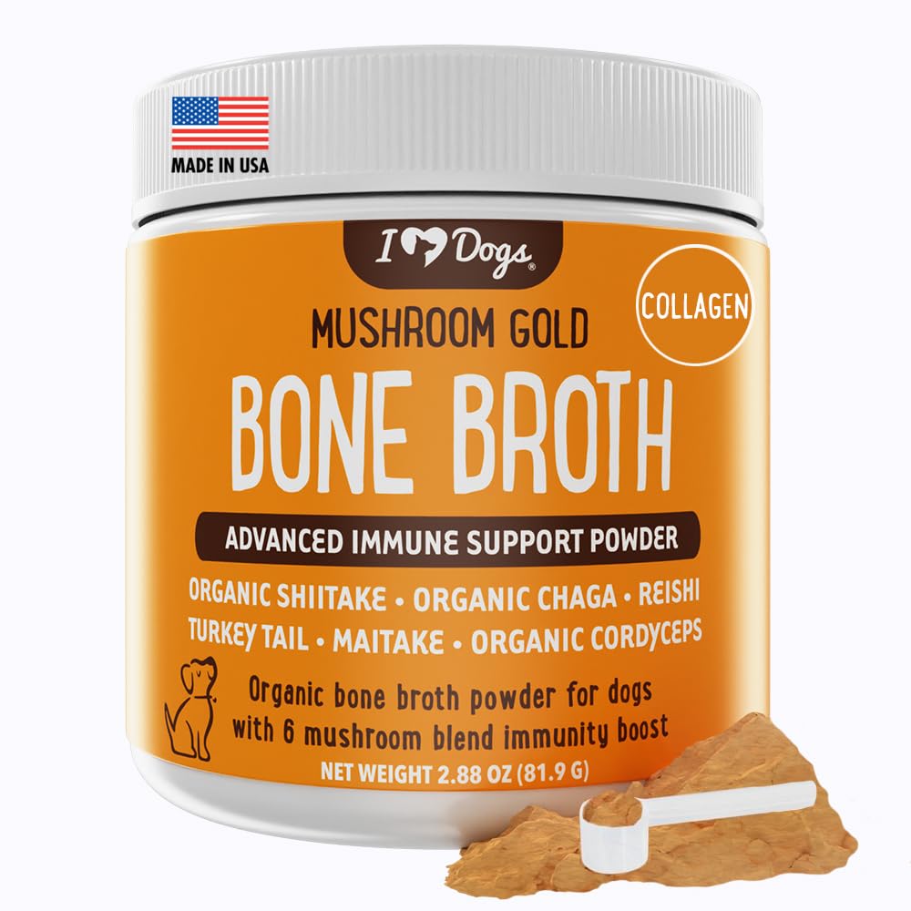 iHeartDogs Bone Broth & Collagen for Dogs - Bone Broth & Mushroom Gold Powder Supplement for Immune System Support, Improved Mob