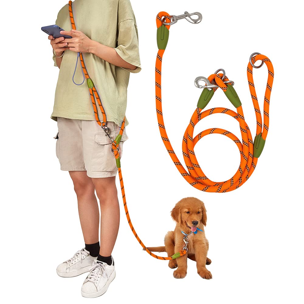 Pawstrip Hands Free Dog Leash Waist & Crossbody Rope With Slip Lead Durable For 2 Dogs Nylon Reflective Heavy Duty Hiking Bungee Leash For Small Large Dogs (Orange)