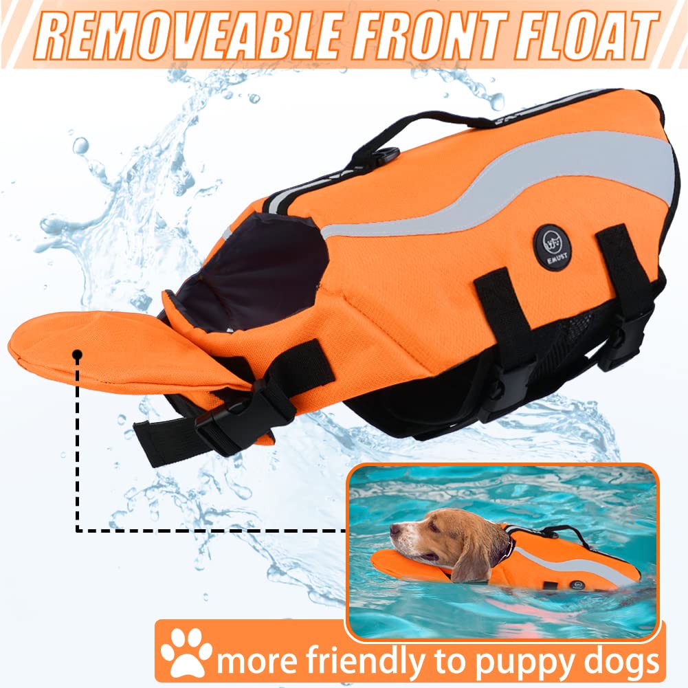 Emust Adjustable Dog Life Jackets For Boat With Front Float, High Visibility Safety Swimsuit, Medium, Orange