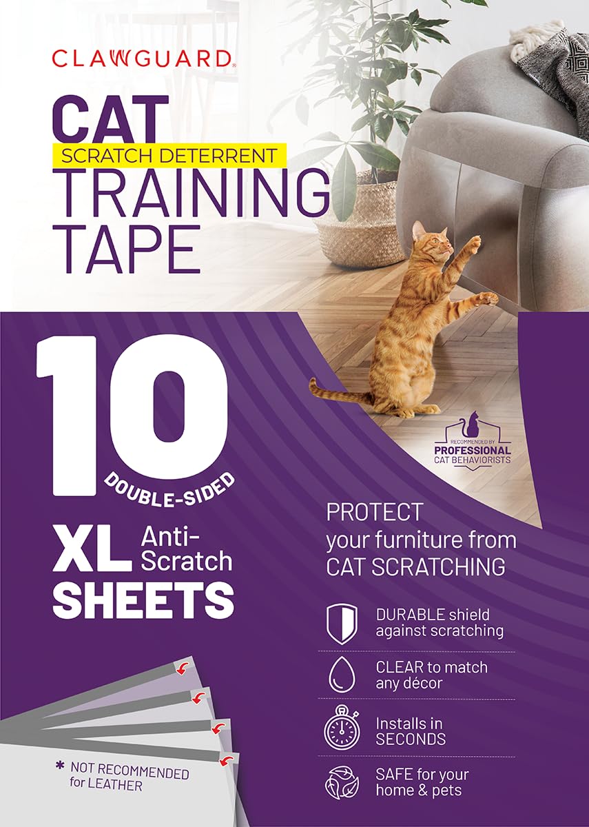 Clawguard Cat Repellant Tape 10 Xl Sheets - Cat Scratch Furniture Protector - Cat Deterrent Tape - Cat Anti Scratch Shields - Cat Scratch Sofa Protection - Sofa Drapes Screens And More