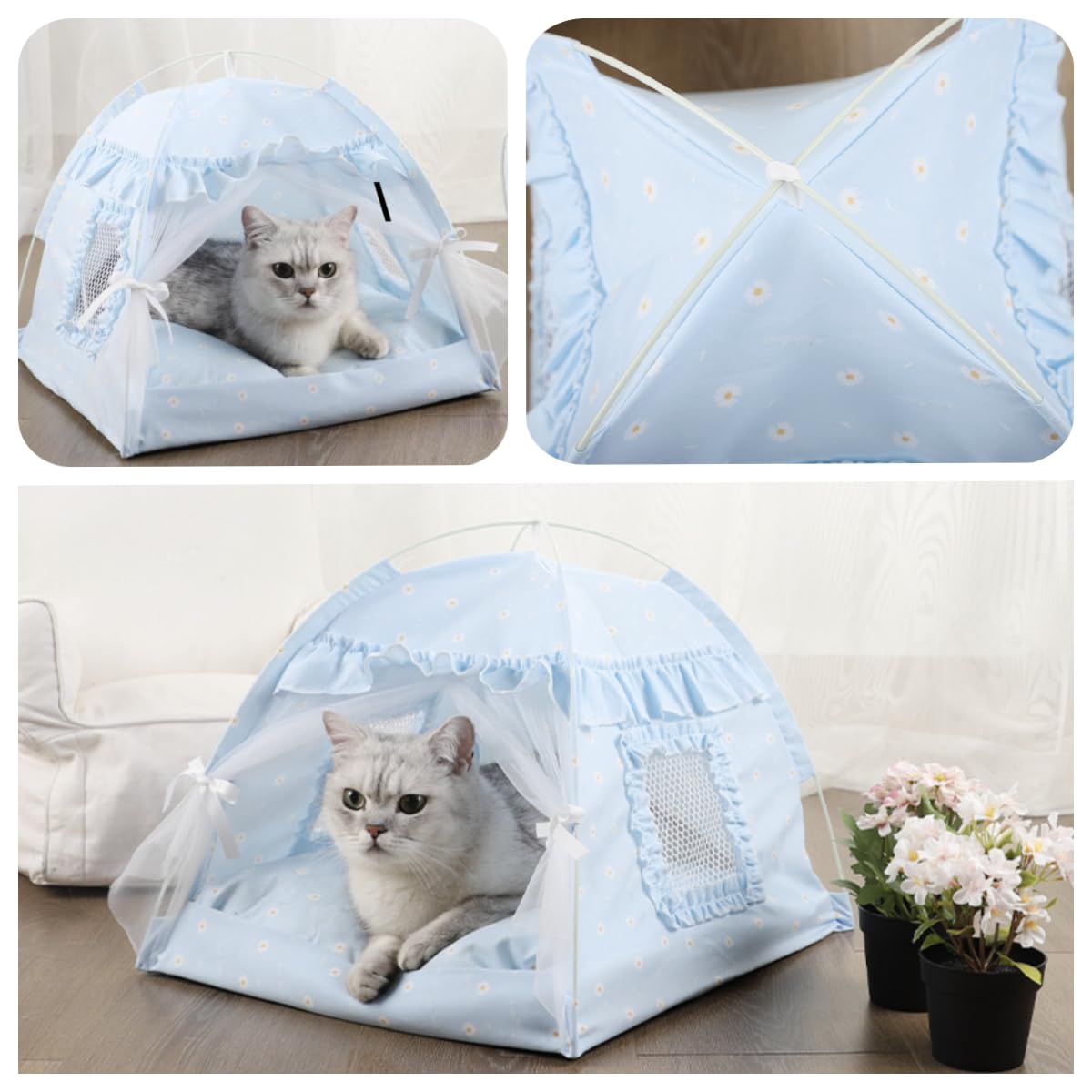 Cat Bed Tents Dog House Indoor Outdoor Lace Mesh Breathable Windows Door Curtains Removable Portable Nest Teepe House (Large,Blu