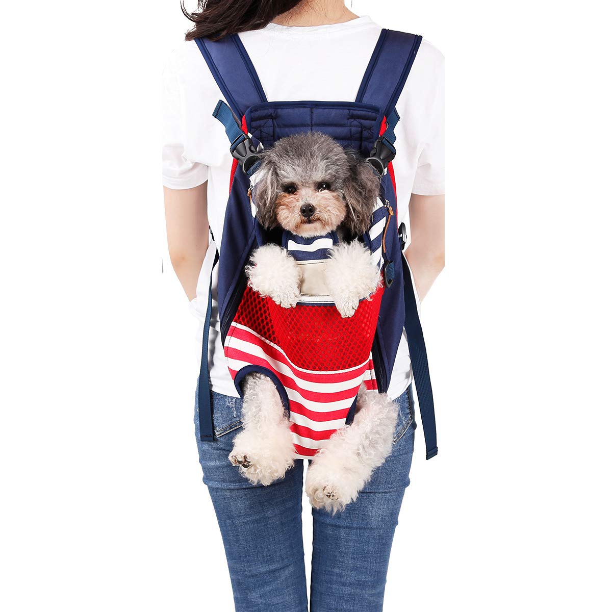 Lifeunion Legs Out Dog Carrier Backpack Hands-Free Adjustable Pet Travel Carrier For Small Medium Dogs Cats Motorcycle Hiking Walking (Red And Blue Stripes)