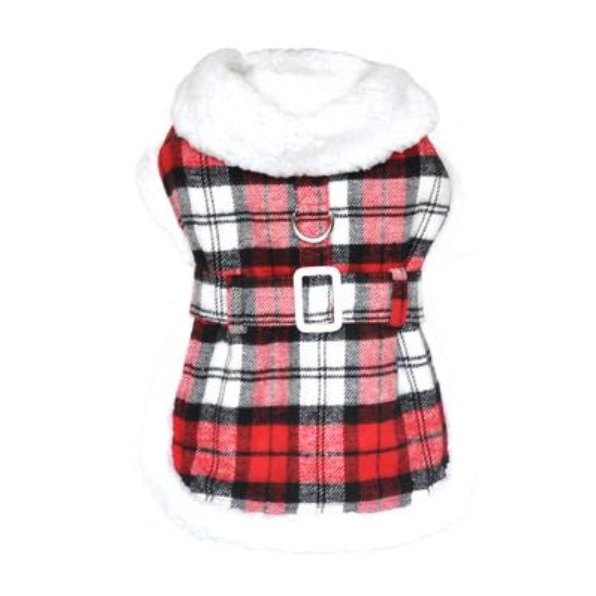 Doggie Design Plaid Fur-Trimmed Dog Harness Coat - Red And White (X-Large)
