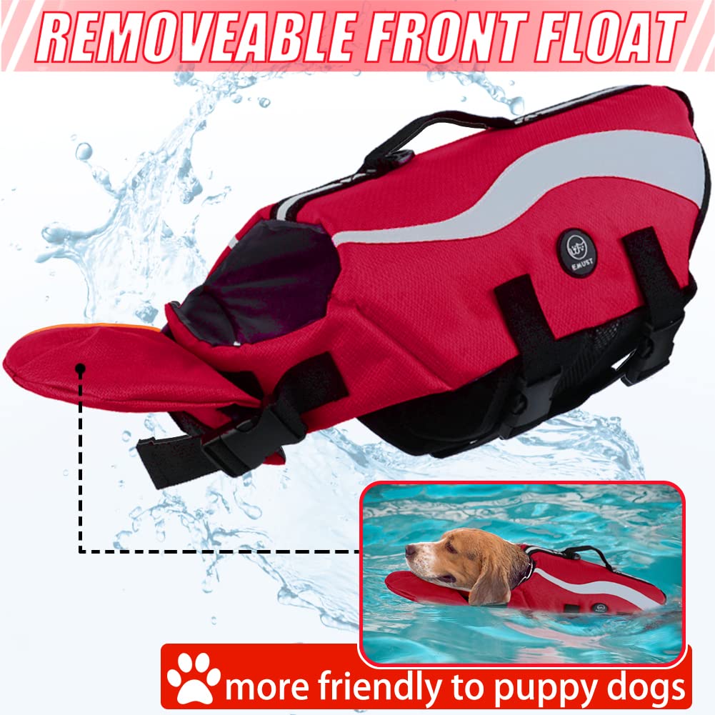 Emust Dog Life Vests, Adjustable Dog Life Jackets For Boat With Front Float, High Visibility Safety Swimsuit, Red, Medium