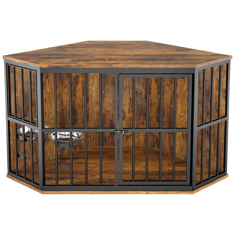 ROOMTEC 53 inch Furniture Dog Crate Corner, Dog Kennel Corner Wooden End Table with Bowl, Indoor Pet Crates Corner Side Table fo