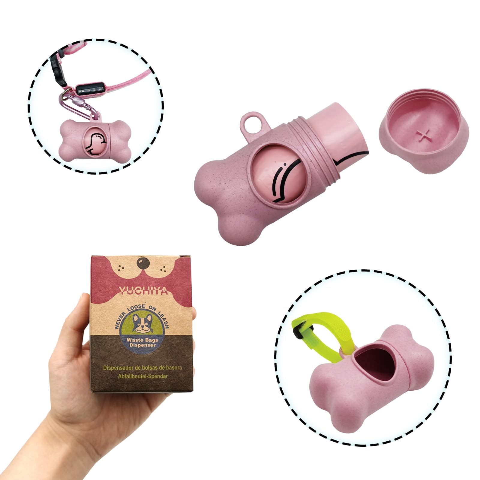Dog Poop Pickup Bags Holder Dispenser With 1 Roll Random Color Leak-Proof Scented Doggy Waste Bags And Carabiner With Safety Lock Plus Hook And Loop Fastener Never Loose On Leash Lead Again (Pink)