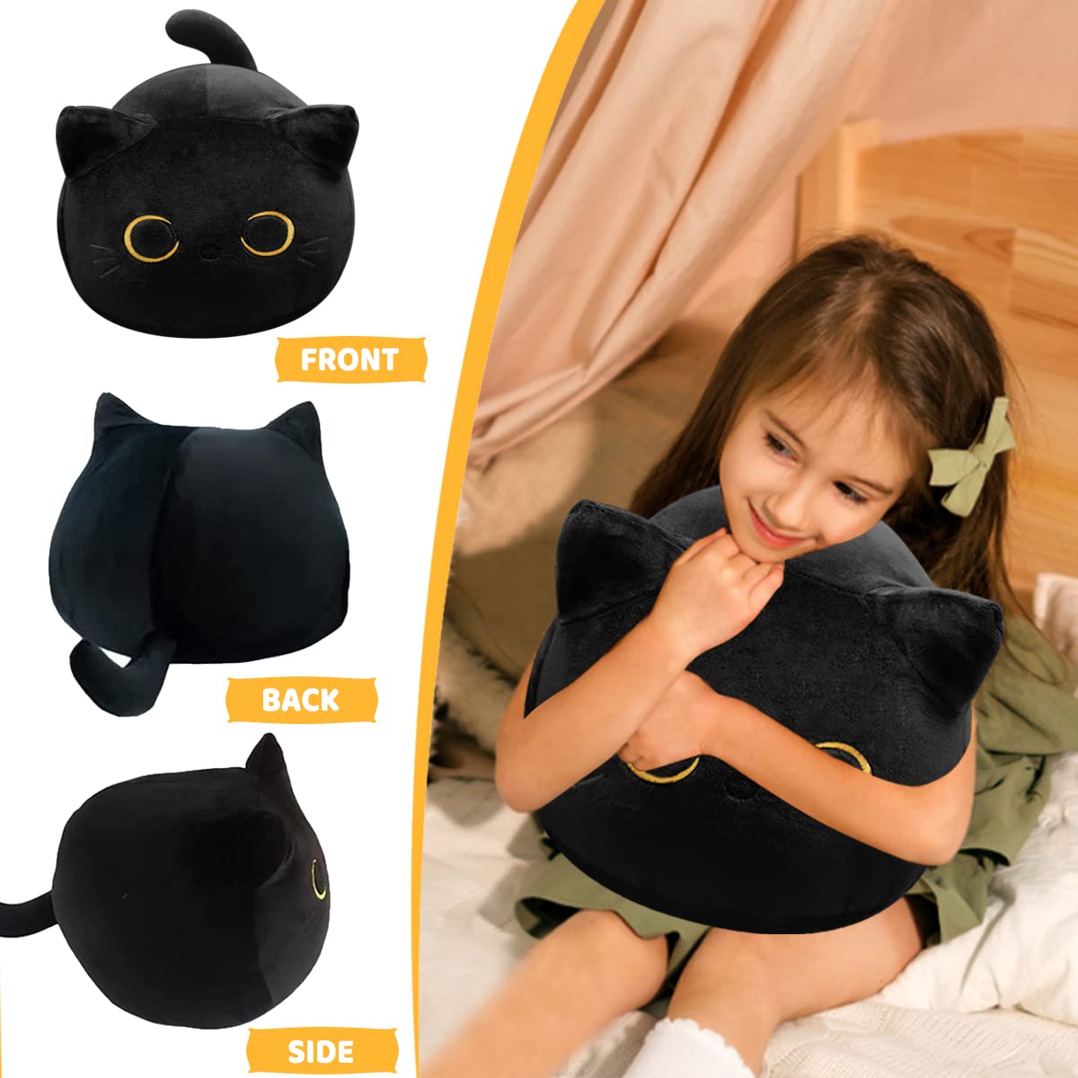 Chnbf 3D Black Cat Plush Toy, 17.7'' Black Cat Pillow, Animal Soft Plush Pillow Baby Plush Toy Cat Shape Design Cute Cat Waist C