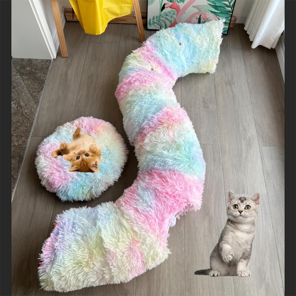 Mabaytir Cat Tunnel Bed for Indoor Cats Colorful Plush, Collapsible PlayTube with Removable Cushion, Sturdy Cat Toy Playhouse, S
