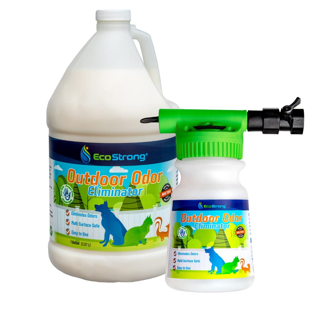 Eco Strong Outdoor Odor Eliminator | Outside Dog Urine Enzyme Cleaner - Powerful Pet, Cat, Animal Scent Deodorizer | Professional Strength For Yard, Turf, Kennels, Patios, Decks (Gallon With Sprayer)