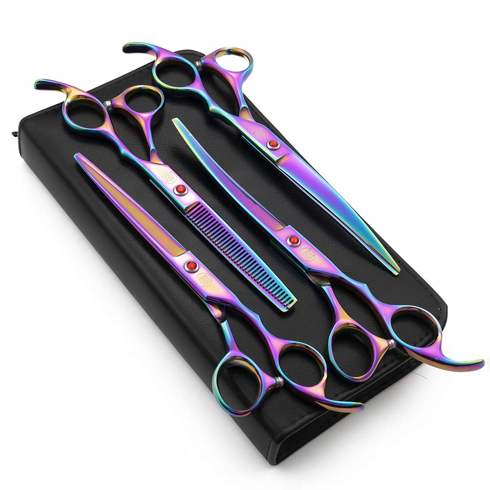 Moontay Professional 7.0' Dog Grooming Scissors Set, 4-Pieces Straight, Upward Curved, Downward Curved, Thinning/Blending Shears For Dog, Cat And Pets, Jp Stainless Steel, Multicolour