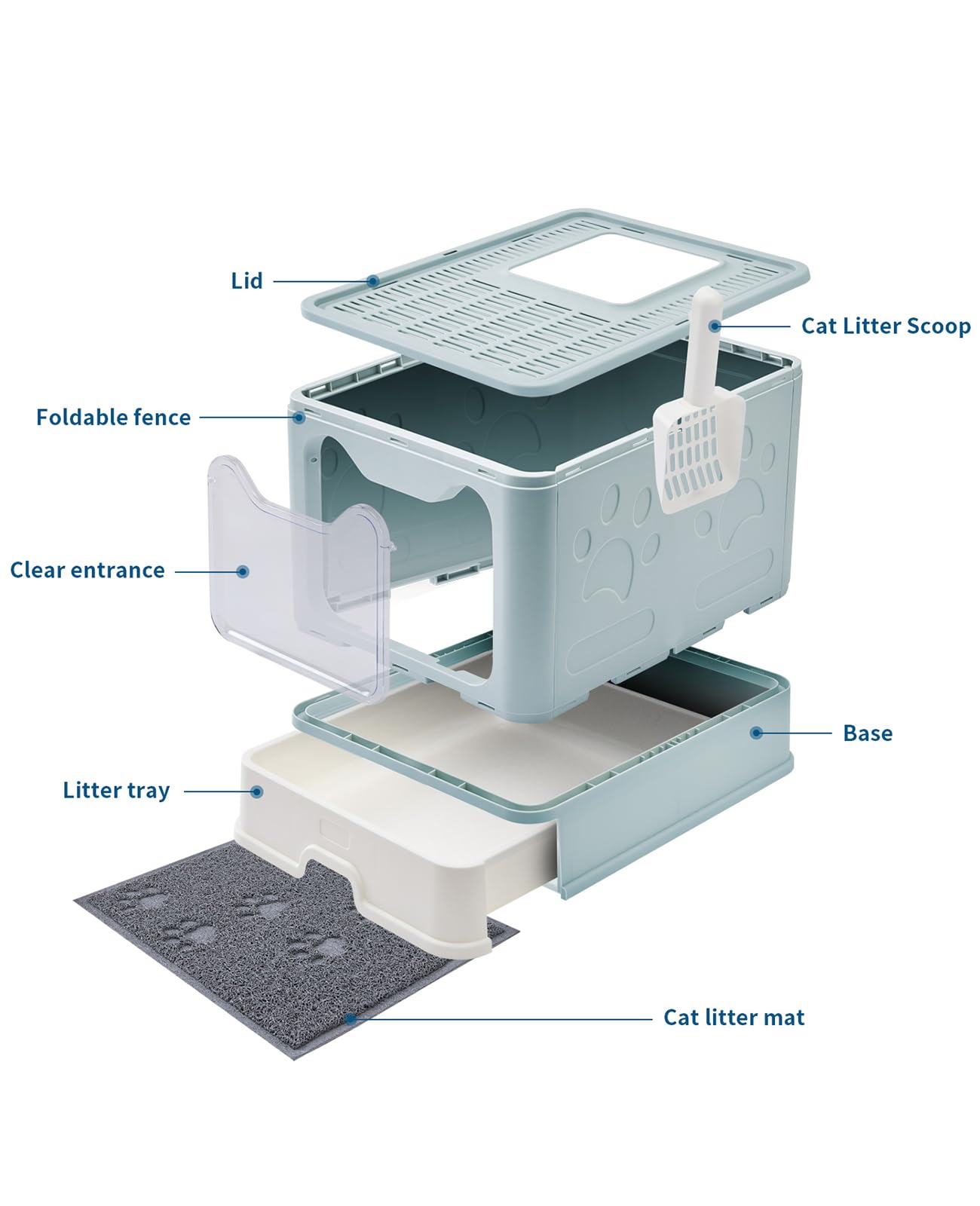 Medario Cat Litter Box With Cat Litter Mat And Scoop, Large Foldable Litter Box With Lid, Front Entry Top Exit Kitty Litter Box,