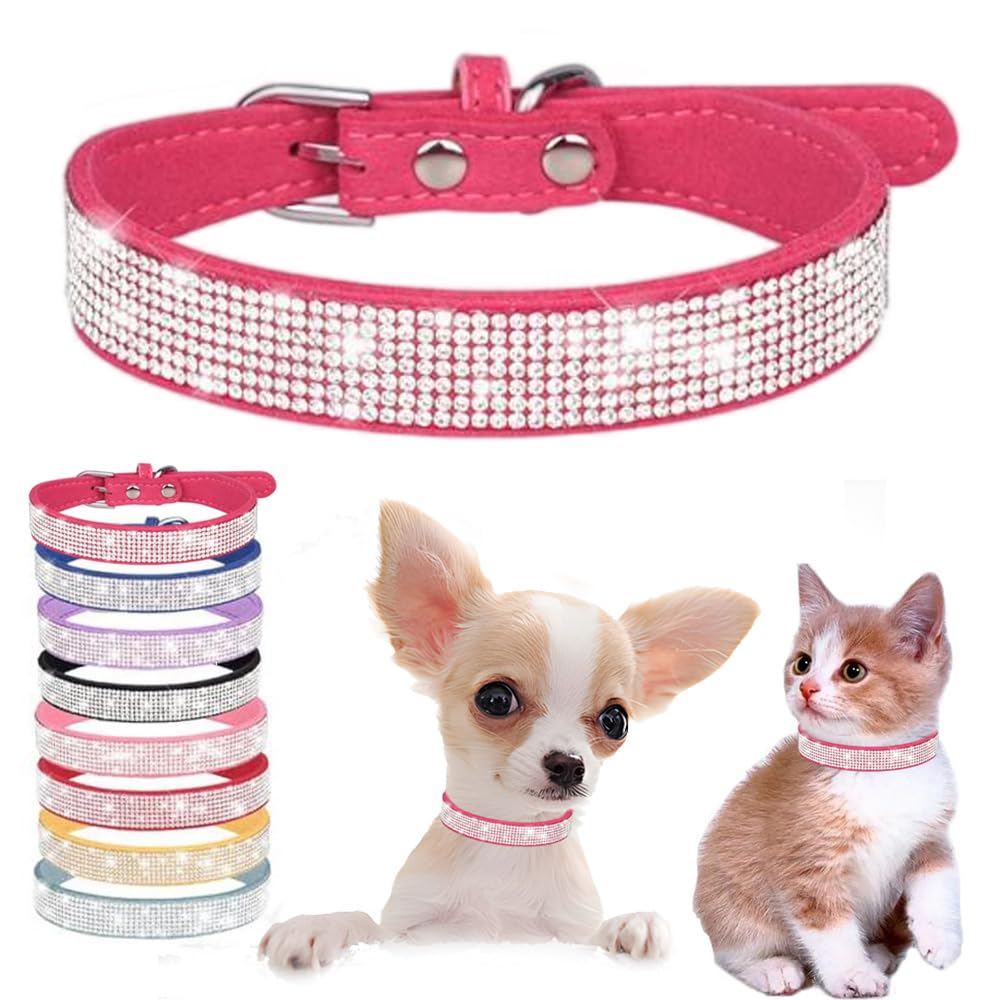 Hot Pink Bling Cat Collar, Rhinestone Dog Collars Girl Diamond Puppy Collar Female Sparkly Sparkle Jewelry Cute Adjustable For X