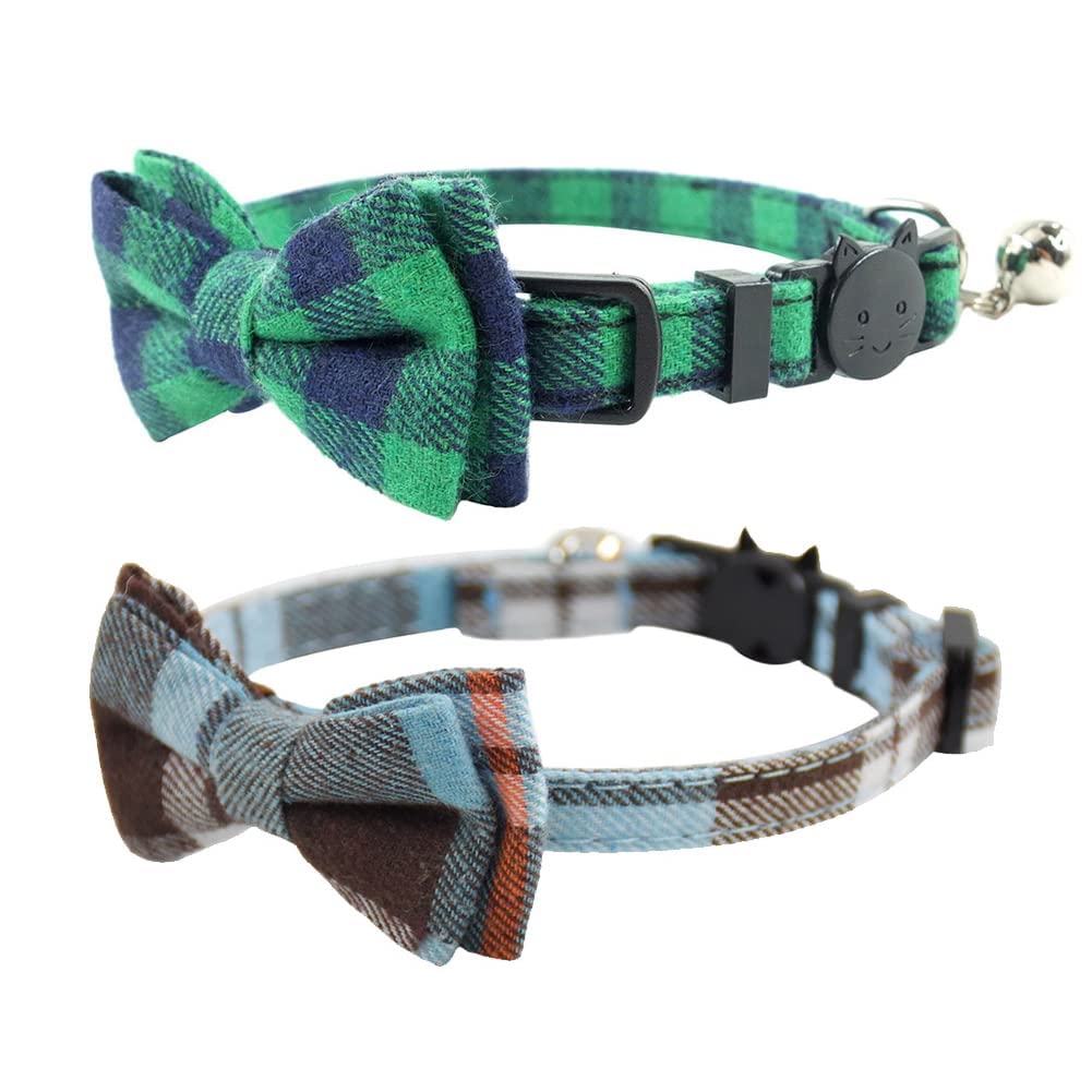 Cat Collar Breakaway With Bell And Bow Tie, Plaid Design Adjustable Safety Kitty Kitten Collars Set Of 2 Pcs (6.8-10.8In) (Green&Light Blue Brown)