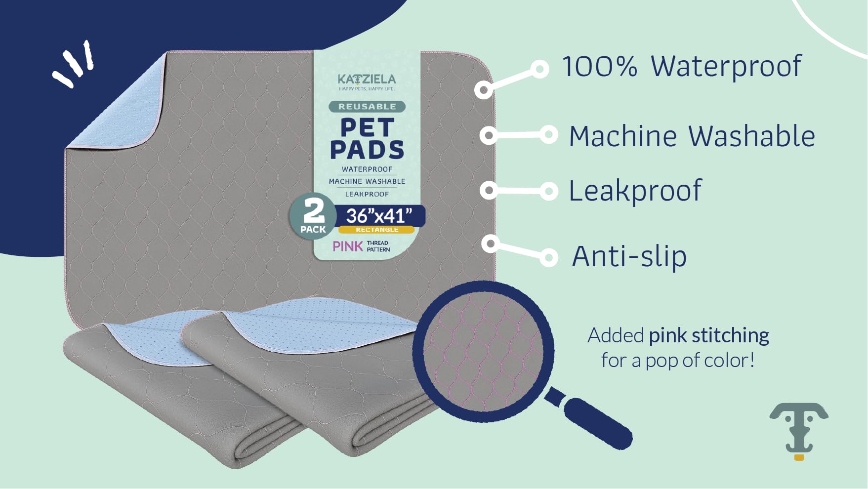 Katziela Washable Pet Pads (2 Pack 36In X 41In)Super Absorbent Waterproof Reusable Dog Pee Pads For Dogs Washable Puppy Pads For
